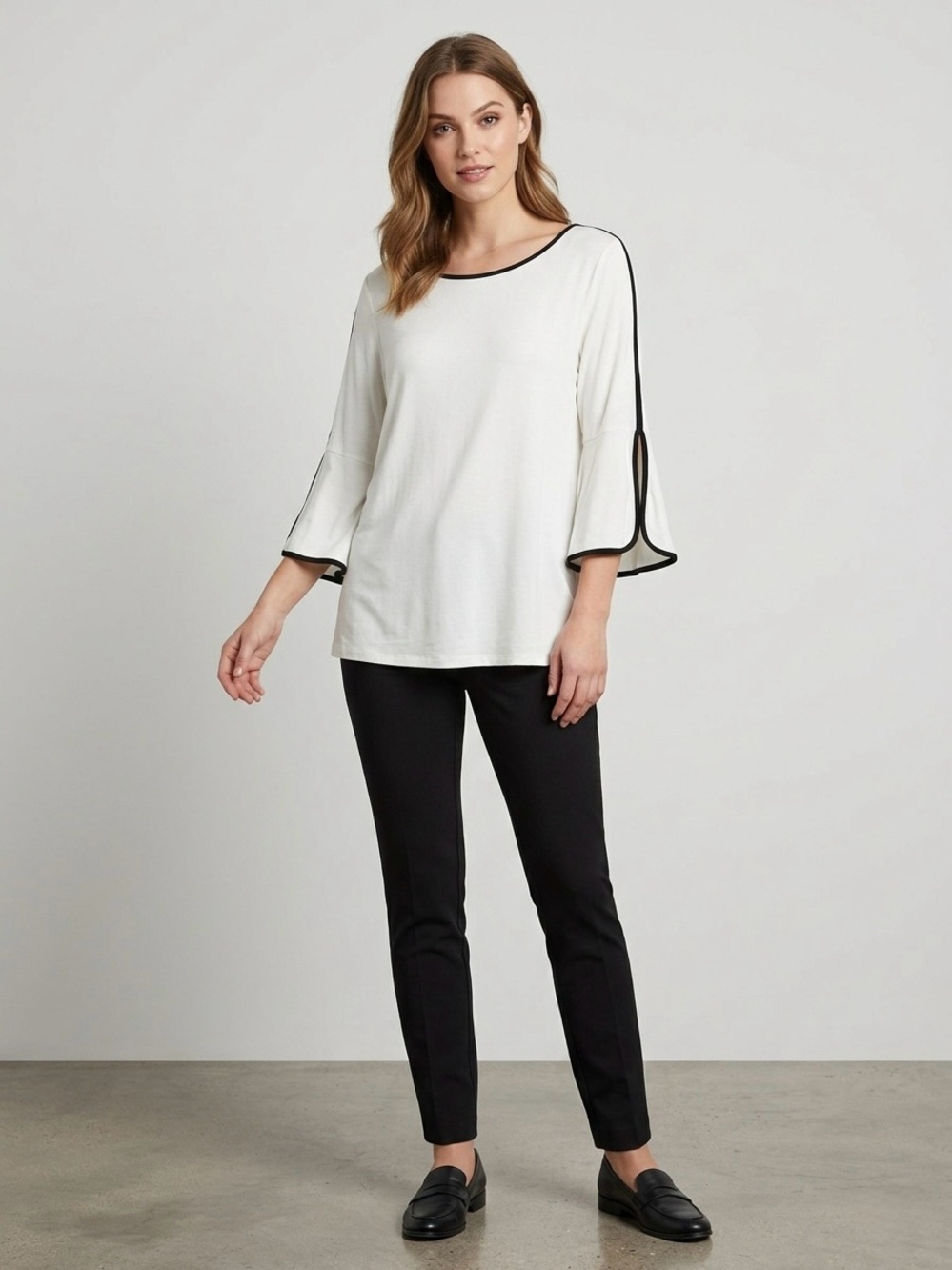 Cable & Gauge NWT White Bell Sleeve Top with Contrast Trim